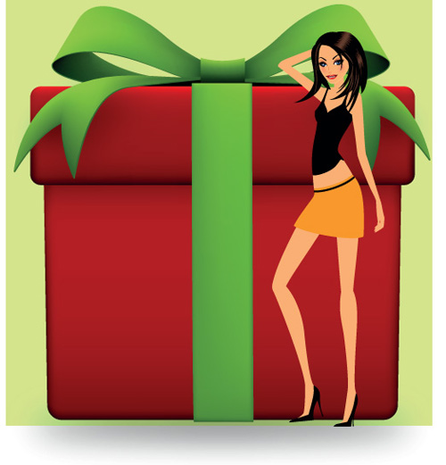 Christmas Girl and gift box design vector material 03