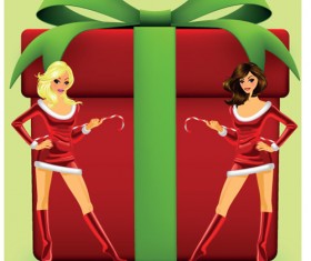 Christmas Girl and gift box design vector material 04