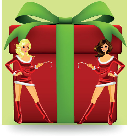 Christmas Girl and gift box design vector material 04