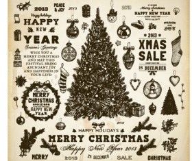 Vintage Hand drawn New Year and Christmas ornaments vector set 01