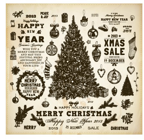 Vintage Hand drawn New Year and Christmas ornaments vector set 01
