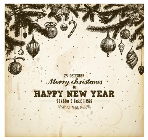 Vintage Hand drawn New Year and Christmas ornaments vector set 02