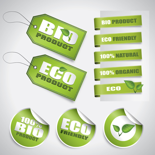 Go green Eco and Bio labels with Stickers vector 01