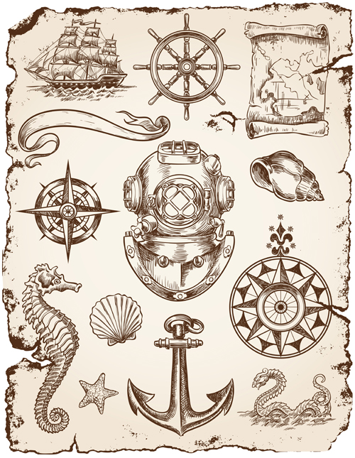 Marine labels and decor vector collection 01