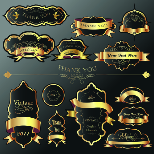 Golden and black Luxury labels design vector set 01