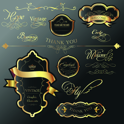 Golden and black Luxury labels design vector set 02
