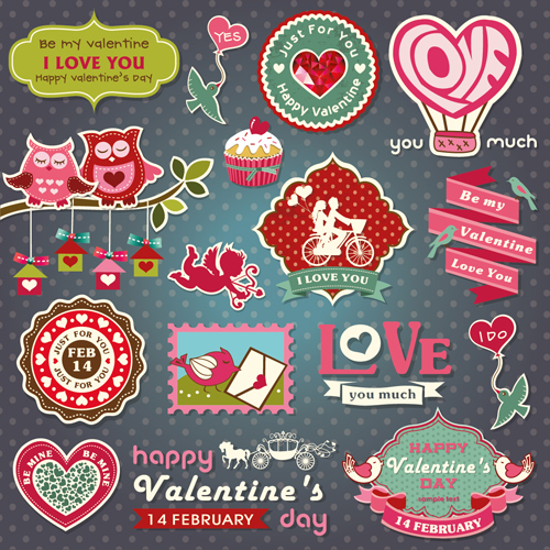 Romantic Valentine retro labels and decor vector 01