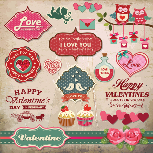 Romantic Valentine retro labels and decor vector 04
