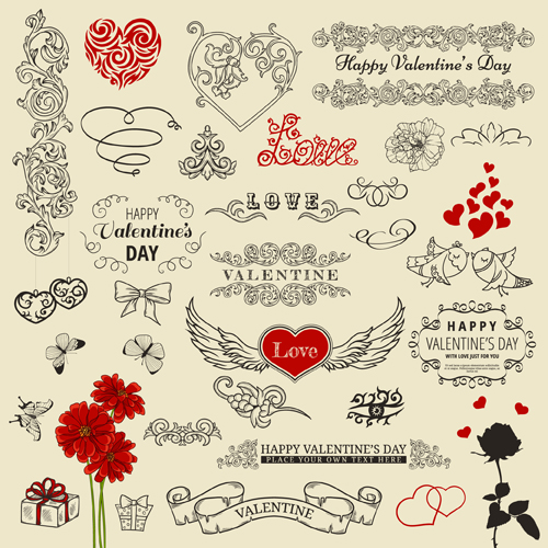 Valentine vintage ornaments design elements vector 01