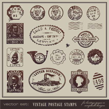 Vector set of Vintage postcard with stamps elements 04