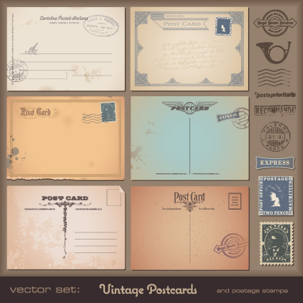 Vector set of Vintage postcard with stamps elements 05