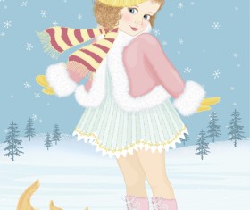 Winter little girl and cute dog design vector 01