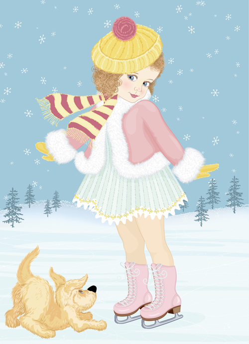 Winter little girl and cute dog design vector 01