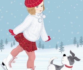 Winter little girl and cute dog design vector 02