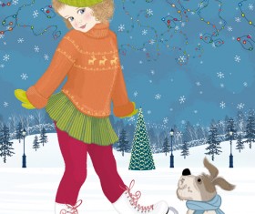 Winter little girl and cute dog design vector 03
