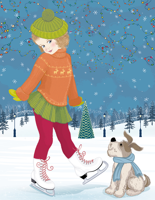 Winter little girl and cute dog design vector 03