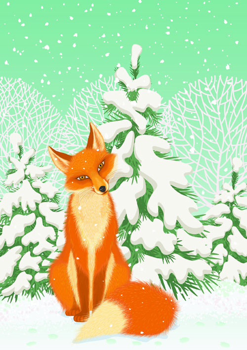 lovely Animals in winter design vector set 05