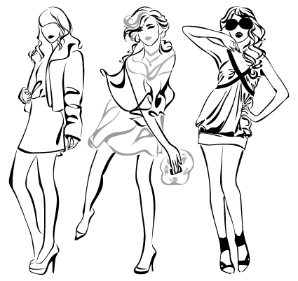 Set of Fashion girl pencil sketch vector 01