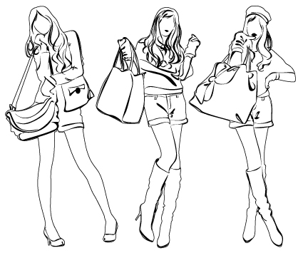 Set of Fashion girl pencil sketch vector 02