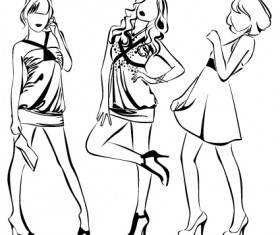 Set of Fashion girl pencil sketch vector 03