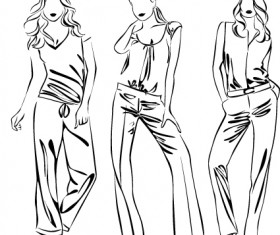 Set of Fashion girl pencil sketch vector 04