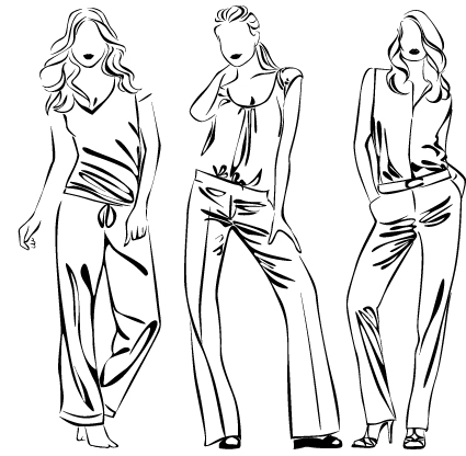 Set of Fashion girl pencil sketch vector 04