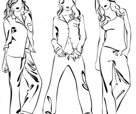 Set of Fashion girl pencil sketch vector 05