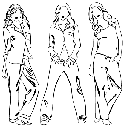 Set of Fashion girl pencil sketch vector 05