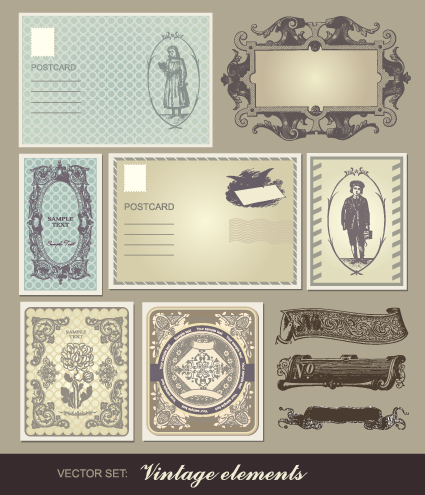 Set of Vintage post cards elements vector 01