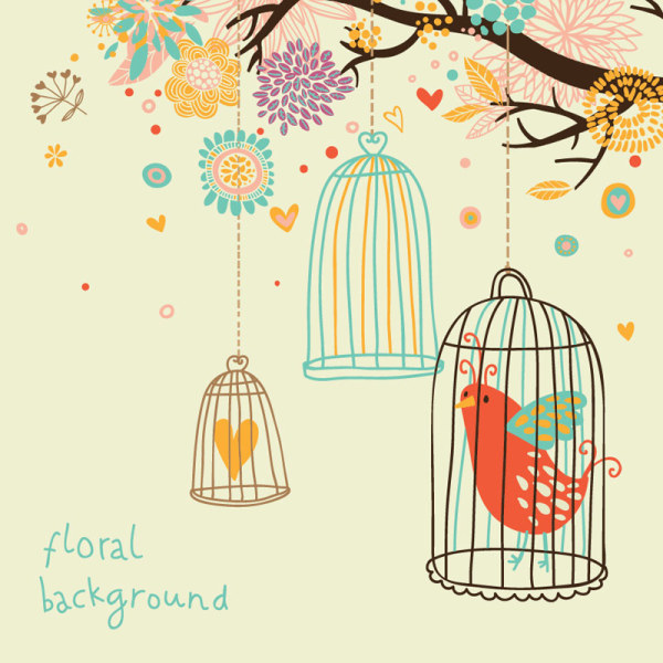 Hand drawn Flowers and birds background vector 01