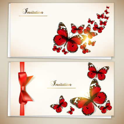 Retro Butterfly invitation cards vector 02