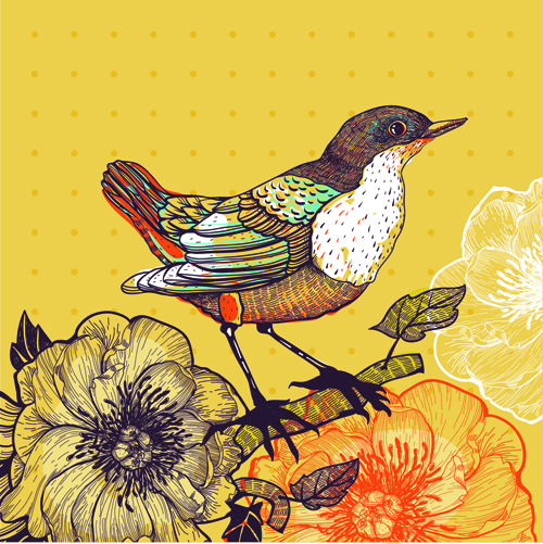 Hand drawn Floral Backgrounds with Birds vector 01