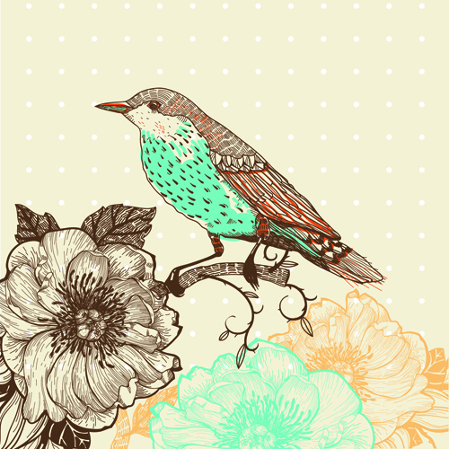Hand drawn Floral Backgrounds with Birds vector 02