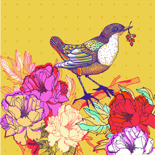 Hand drawn Floral Backgrounds with Birds vector 03