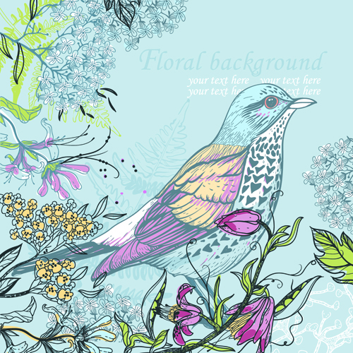 Hand drawn Floral Backgrounds with Birds vector 04