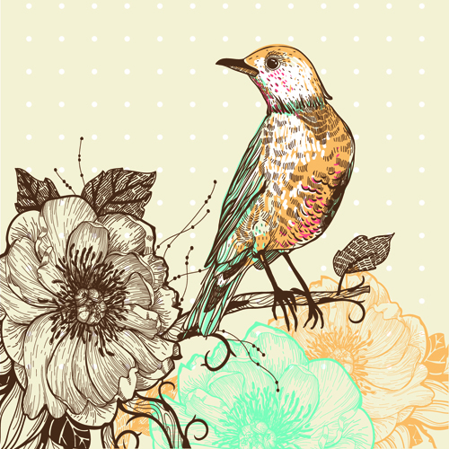 Hand drawn Floral Backgrounds with Birds vector 05