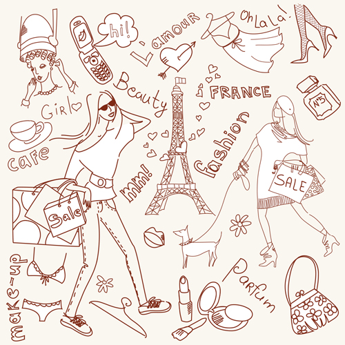 Handwriting love with Paris elements vector 01