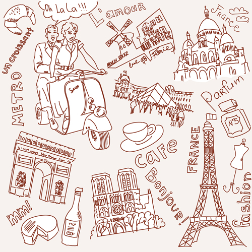Handwriting love with Paris elements vector 02