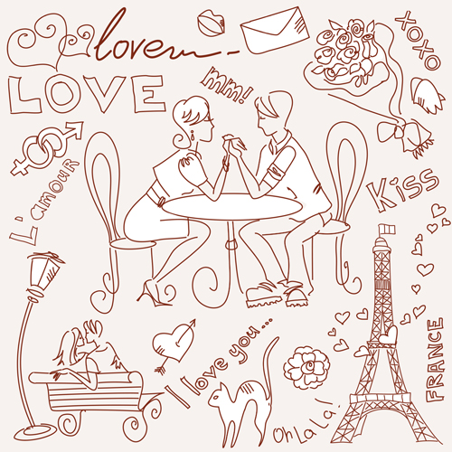 Handwriting love with Paris elements vector 03