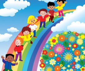 Children with rainbow design vector 01