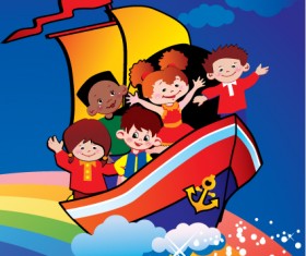 Children with rainbow design vector 02