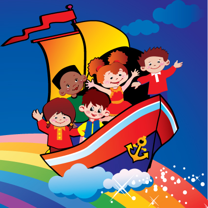 Children with rainbow design vector 02
