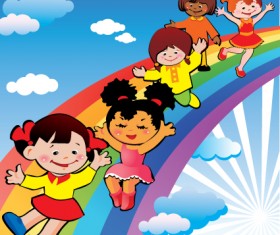 Children with rainbow design vector 03