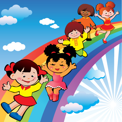Children with rainbow design vector 03