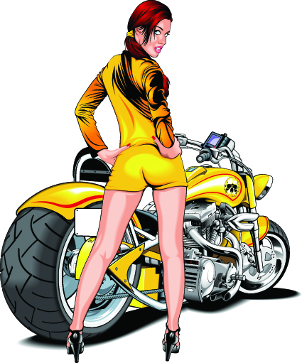 Girl and motorbike vector Illustration set 01