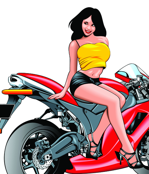 Girl and motorbike vector Illustration set 02