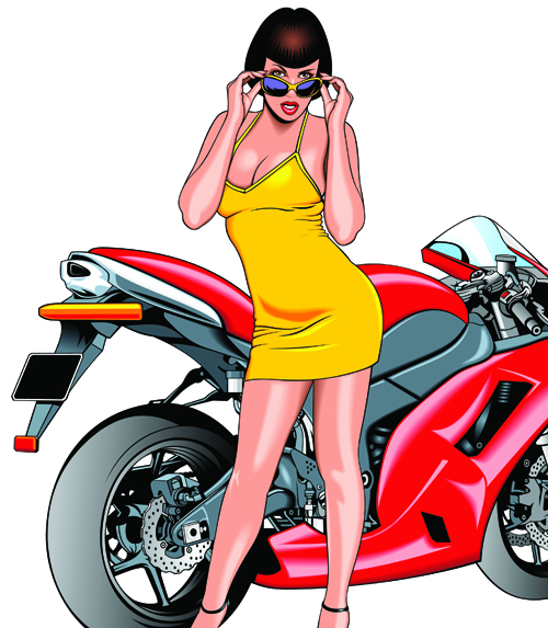 Girl and motorbike vector Illustration set 04