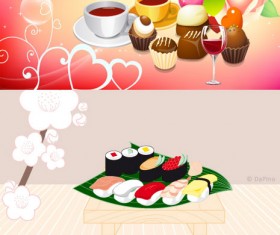Sushi and coffee cake design vector