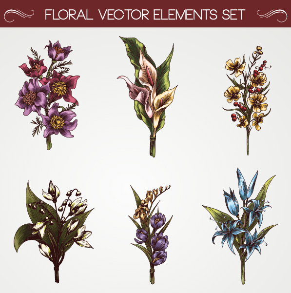 Set of Vintage flowers vector 02