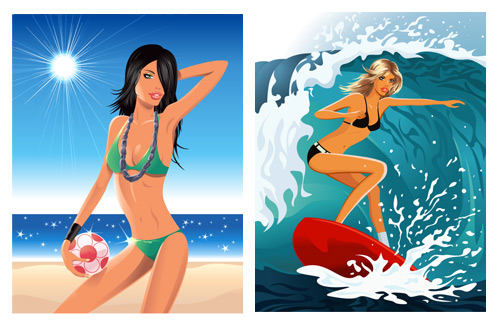 Elements of beach is beautiful girl Vector